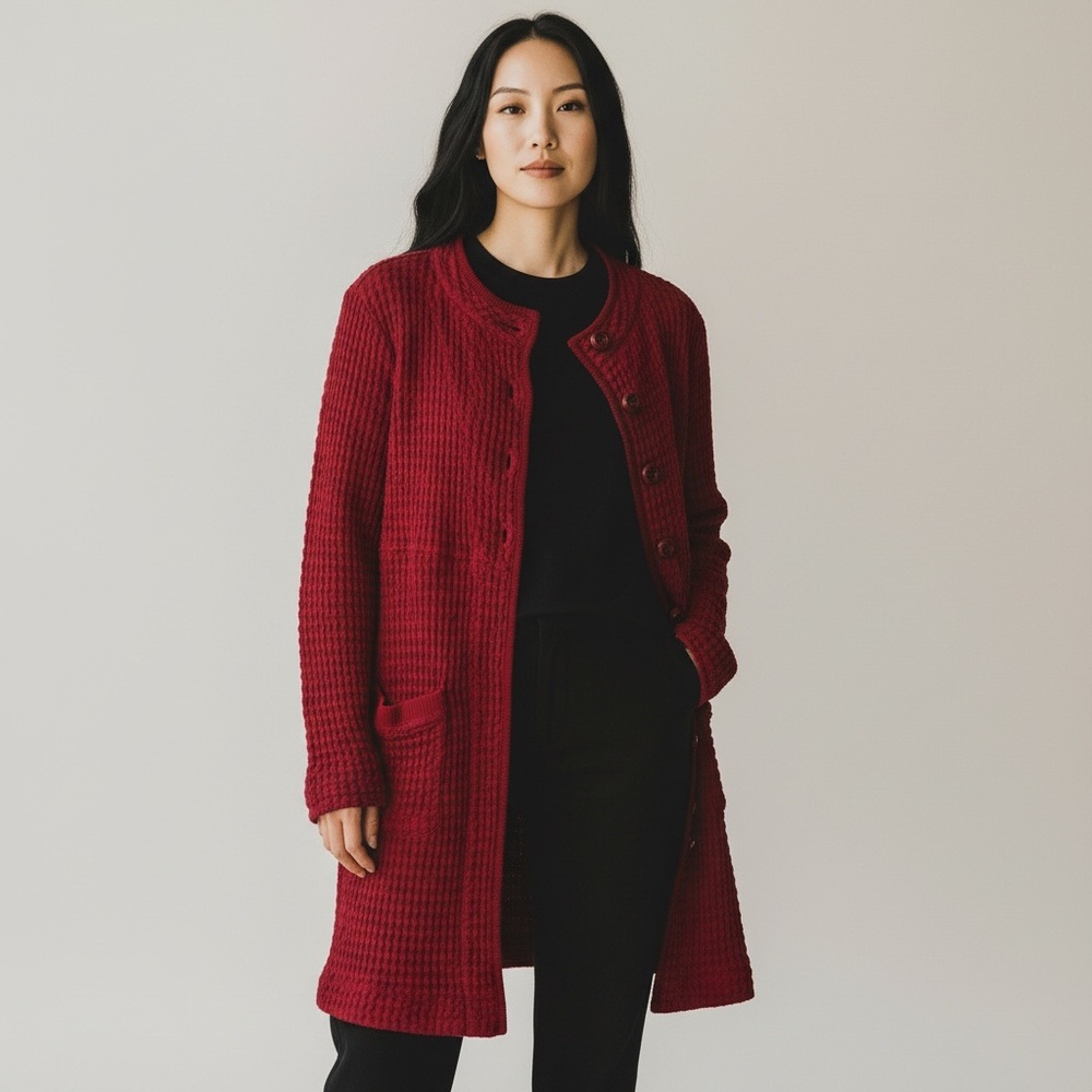 ModODoc Red Waffle Knit Cardigan Sweater Longline Button Front Size Large